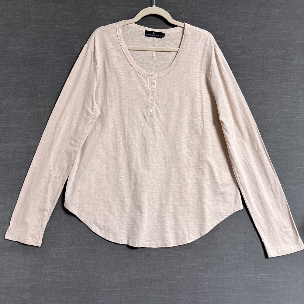 Pomander Place Top XXL Beige Henley Long Sleeve Nautical‎ Coastal Preppy Casual